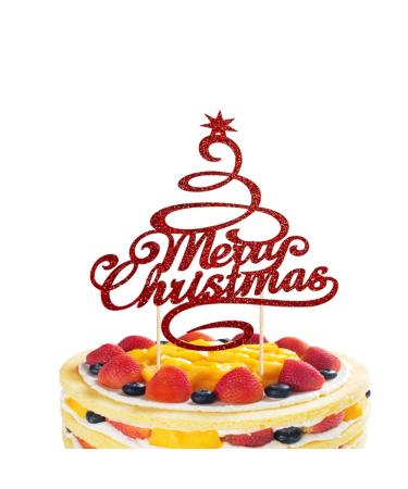 Merry Christmas Cake Topper Red Glitter Christmas Tree Topper Xmas Holiday Cake Picks for Christmas Party Birthday Wedding Decorations