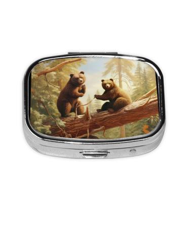 Cute Bears Play in The Tree Printing 2 Compartment Small Pill Case Cute Small Pill Box Purse Pill Boxs Travel Pill Organizer for Pocket Purse and Travel Gifts
