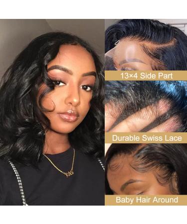 Short Wavy Bob Lace Front Human Hair Wig - 12 Inch Natural Black | Pre Plucked with Baby Hair | 13x4 HD Transparent 150% Density | Natural Color Loose Wave Wig for Women - Buy Online on GoSupps.com