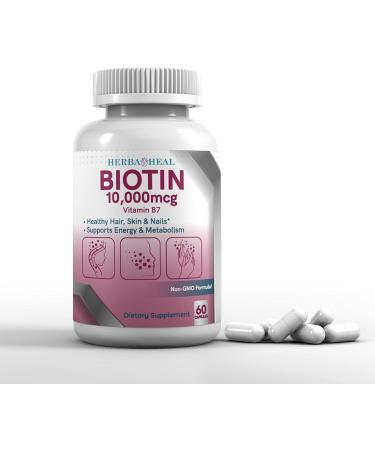 Herba Heal Biotin 10,000MCG Capsules - High Potency Hair Growth Vitamin B7 Supplement for Skin, Nails & Hair - Vegan Friendly for Women & Men - Buy Online on GoSupps.com