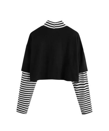 Women's Color Block Sun Moon Print Striped Crop Top - Long Sleeve Casual Blouse (Black, M) - Buy Online on GoSupps.com