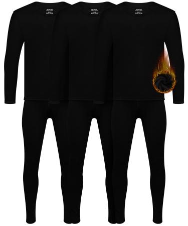 3 Pcs Thermal Underwear for Men Base Layer Winter Mens Long Johns Thermal Set Fleece Men Thermals Top and Bottom Set Black X-Large