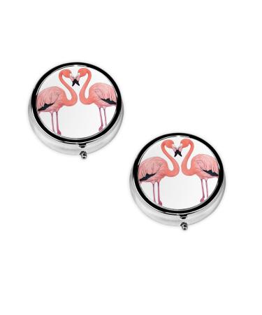(Ink Flamingos) Round Pill Box 3 Compartment Pill Box Mini Decorative Pocket Purse Portable Travel Medicine Tablet Vitamin Holder Organizer Pill Case