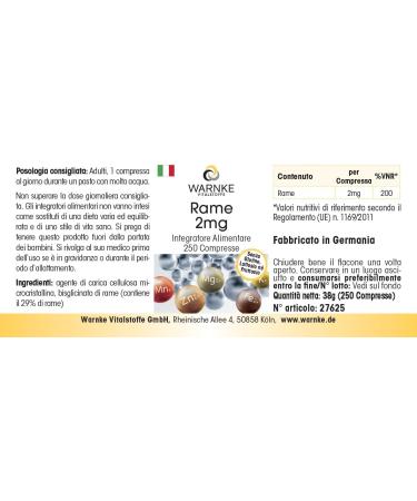 Cuivre 2mg - 250 comprim s de 2mg chacun - Bisglycinate de cuivre - HAUTE DOSE - Qualit pharmaceutique allemande - Vegan | Warnke Vitalstoffe - Buy Online on GoSupps.com
