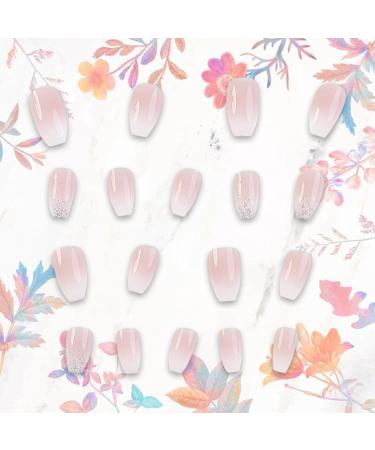 24PCS White Tip Gradient Pink Press On Nails - Medium Square & Glitter Designs - Full Cover Acrylic False Nails for Women & Girls - Buy Online on GoSupps.com