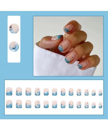 24pcs Short French Almond Square False Nails - Sea Wave Design | Full Cover Acrylic Nails with Glue - Stylish Press on Nails for Women and Girls Nail Art - Buy Online on GoSupps.com
