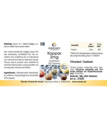 Cuivre 2mg - 250 comprim s de 2mg chacun - Bisglycinate de cuivre - HAUTE DOSE - Qualit pharmaceutique allemande - Vegan | Warnke Vitalstoffe - Buy Online on GoSupps.com