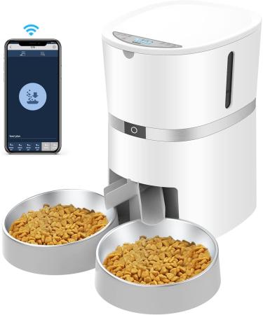 Smart Cat Feeder, WellToBe Automatic Cat Feeder WiFi Enable Pet Dog Food Dispenser App Control for Cat & Dog with Two-Way Splitter and Two Bowls, Voice Recorder Distribution Alarms, Portion Control white