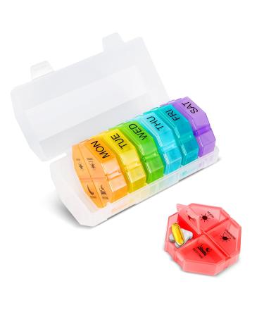 Weekly Pill Organizer and Planner Pill Case Box Design and Large Compartment Vitamins Cod Liver Oil Supplements and Medication (White Rainbow)