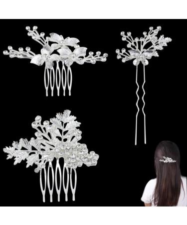 KuuGuu 3 PCS Crystal Flower Wedding Bridal Hair Pieces Rhinestone Bride Hair Comb Hair Accessories for Women and Girls