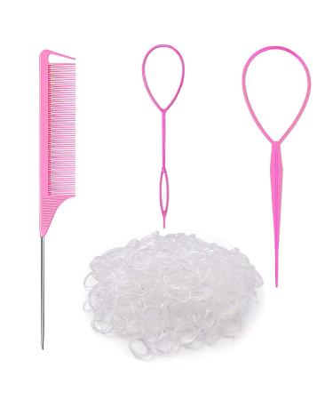 Hair loop Styling Tool Set with 1000pcs Clear Mini Elastic Hair Bands 2Pcs Hair Pull Through Tool 1Pcs Rat Tail Combs for Braiding Styling - Pink