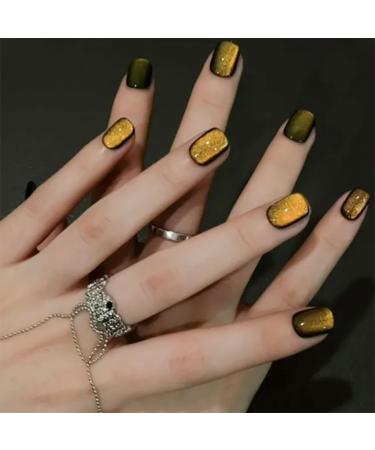 Short Press on Nails Square Fake Nails Yellow False Nails with Designs Glitter Full Cover Acrylic Nails Press ons Glossy Glue on Nails Artificial Stick on Nails for Women Decorations 24Pcs style4