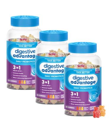 Digestive Advantage 3-in-1 Natural Fruit Flavors Probiotic Gummies for Women & Men Occasional Bloating, Minor Abdominal Discomfort & Gut Health, 60 Count Gummies (3 Pack)