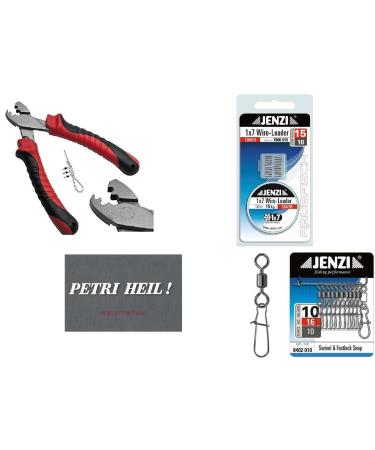 Deposit set 1 x steel leader 15kg 10m covered 20 squeezing sleeves 10 carabiners with vertebral clamping sleeve pliers & free Petri Heil!sticker