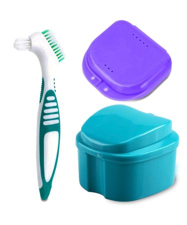Denture Bath Case Cup with Denture Cleaner Brush & Retainer Holder Box, Complete Clean Care for Dentures, Clear Braces, Mouth Guard, Night Guard & Retainers,Traveling (Blue)