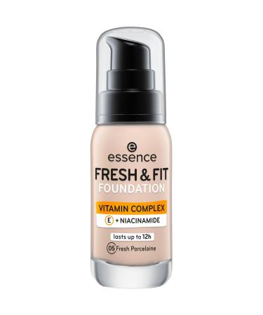 Essence Cosmetics Fresh & Fit Foundation Make Up No. 05 Fresh Porcelaine Nude nourishing smoothing with vitamins of course vegan without parabens microplastics particles free (30ml) 05 Fresh porcelaine 30 ml (1 Pack)