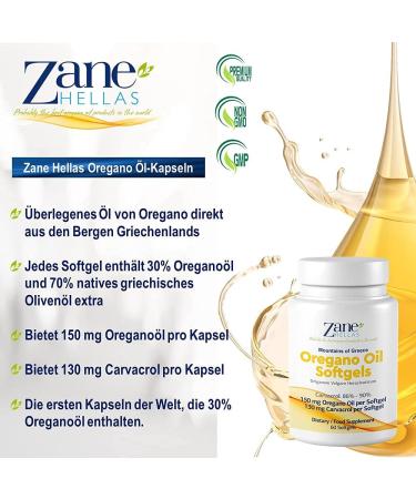 Zane Hellas Oregano Oil Capsules - 150mg Essential Oregano Oil & 130mg Carvacrol - Immune & Intestinal Support - 60 Count | Highest Concentration - Buy Online on GoSupps.com