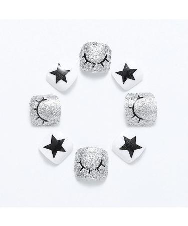Handcess Square Glitter Fake Toenails - Short Black & White Full Cover Artificial Nail Tips for Women & Girls | 24-Hour Stick-On French Nails - Buy Online on GoSupps.com