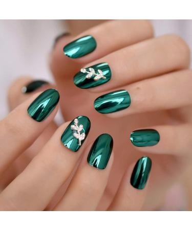 UrtjSDG Dark Green Reflective Mirror Artificial Nails - Metallic Oval Acrylic Tips with Free Glue & 3D Blade Design - International Shipping Available - Buy Online on GoSupps.com