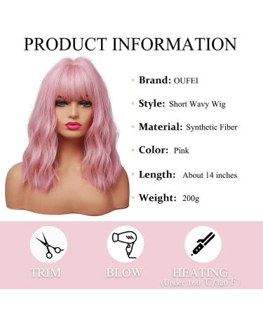 Oefei 14 Inch Short Wavy Pink Bob Wig - Heat-Resistant Synthetic Hair for Cosplay & Daily Use - Perfect for Parties - Buy Online on GoSupps.com