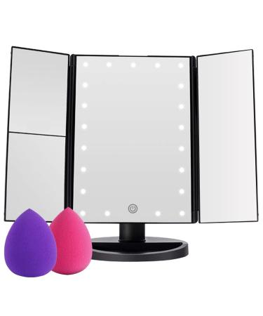 COSMIRROR Lighted Makeup Shower Mirror  Trifold Makeup Vanity Mirror with 21 LED Lights and 1X/2X/3X Magnification/Makeup Sponge  Dual Power Supply  180  Rotation Cosmetic Mirror (Black)