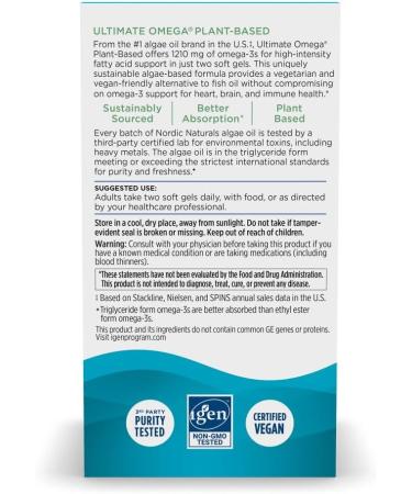 Nordic Naturals Plant Based Ultimate Omega Lemon Flavor - 60 Vegetarian Soft Gels - 1210 mg Omega-3 - Vegan EPA and DHA - Supplement Made from Algae - Brain & Heart Support - Non-GMO - 30 Servings - Buy Online on GoSupps.com