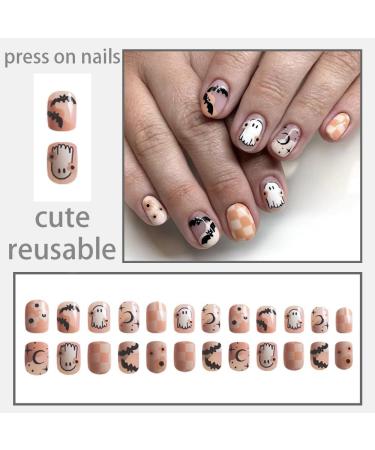 Hauntingly Chic Halloween Press On Nails | Short Square Nude Acrylic with Orange Checkerboard & Ghost Bat Design | Reusable Glue-On Artificial Nails for Women - Buy Online on GoSupps.com