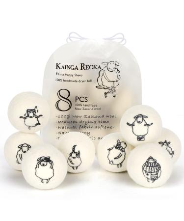 Kainga Recka Wool Dryer Balls, 8PCS Dryer Balls with Happy Sheep - Natural & Organic, 100% New Zealand Wool Handmade, Chemical-Free Reusable Laundry Balls, Anti-Static Reduce Wrinkles and Save Time