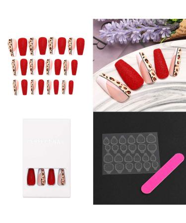 Sethexy Long Matt Ballerina Nails - Red Coffin Leopard Design | 24 Sparkle Acrylic Press-On Fingernails with Glue | Perfect for Women & Girls - Buy Online on GoSupps.com