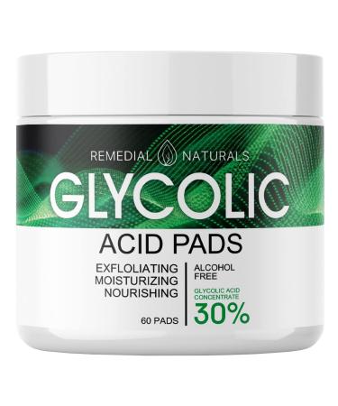 Glycolic Acid Resurfacing Pads for Face and Body - 30% Exfoliating Facial Peel - Vitamins B5 C E, Green Tea - Glycolic Acid Face Wash  60 Pre-Moistened Cotton Pads for Face Cleansing and Peeling