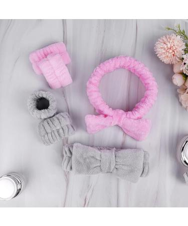 AOMIG Spa Headbands for Women - Fluffy Elastic Bowknot Hair Bands Set with Wrist Straps - Pink - Buy Online on GoSupps.com