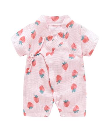 PAUBOLI Baby Kimono Robe Newborn Cotton Yarn Bodysuit Romper Infant Japanese Pajamas 0-24 Months 6-12 Months Strawberry