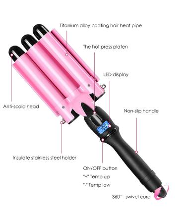 Professional 3 Barrel Curling Iron Hair Waver - 1 Inch Ceramic Curler with LCD Display (Pink) | Perfect for Gorgeous Waves | International Shipping Available - Buy Online on GoSupps.com