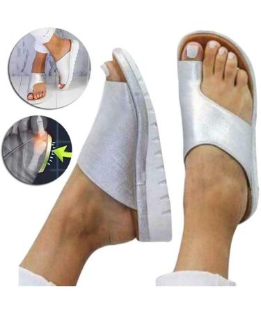 Comfortable plateau sandals for women Bunion Corrector Sandals PU leather flat sole big toes foot correction beach travel for friends and mother silver 35 (silver 40 EU) Zilver 37 EU
