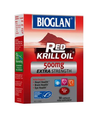 Bioglan Red Krill Oil Extra Strength 500mg high in Omega-3 Fish Oil EPA & DHA help to support for your Heart Eye and Brain health one month supply 30 capsules