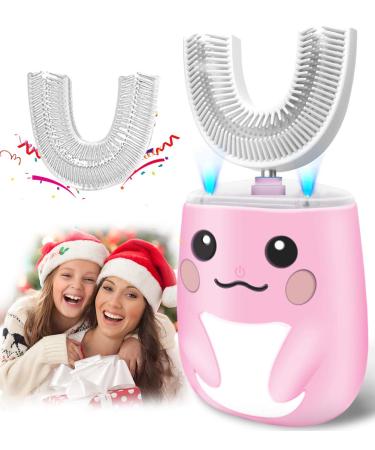 Kids Toothbrush Electric U Shaped Ultrasonic Automatic Toothbrush with 2 Brush Heads  Six Cleaning Modes  IPX7 Waterproof Rechargeable Powered Toothbrushes for Child Birthday Gift Pink