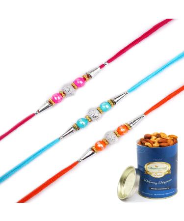 Ghasitaram Gifts Rakhi for Brother Rakhis Online - Set of 3-6194 Rakhis with 100 GMS of Dryfruits Mix Can