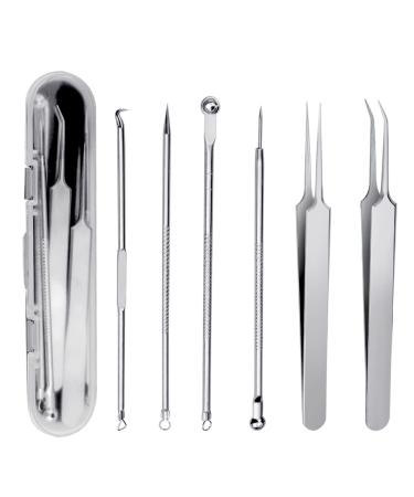 6 Pieces Blackhead Remover Tool Kit Stainless Steel Comedone Extractor Tweezers Acne Needle Blemish Whitehead Removal Pimple Zit Spot Popper Patches for Nose Face Skin
