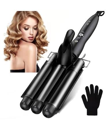 3 Barrel Curling Iron Ceramic Hair Waver Curler Temperature Adjustable 32mm(1.25 inch) Hair Curling Wand Portable Hair Styler for Travel Heats Up Quickly with Heat Resistant Glove (Black)