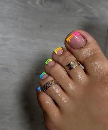 Buy Rainbow Press On French Tip Fake Toenails - Glossy Pink Acrylic Toe Nails with Colorful Designs for Women - Buy Online on GoSupps.com