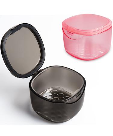 Mckkor Denture Bath Box Cup (2 Pack) - No-Leak Denture case Retainer Cleaning Box Retainer Case Clear Braces & retainer case (transparent grey transparent pink) grey_pink