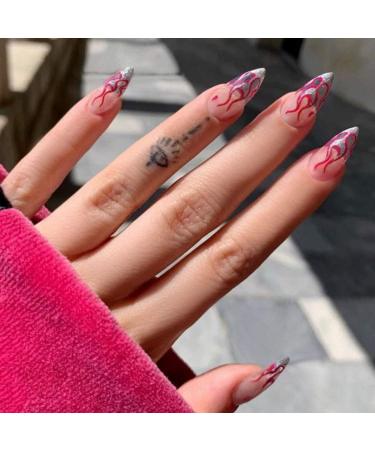 Sethexy Long Pink Fire Design Stiletto Glossy Acrylic Press-On Nails | 24pc Nail Tips for Women & Girls - Buy Online on GoSupps.com