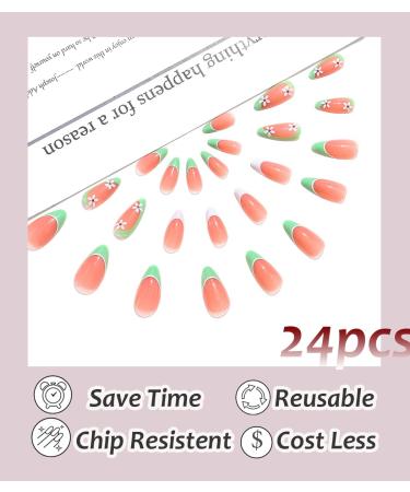 Sethexy Flower Almond French Press-On Nails - 24PC Pink Acrylic False Nails for Women & Girls - Green Flower Design - Buy Online on GoSupps.com