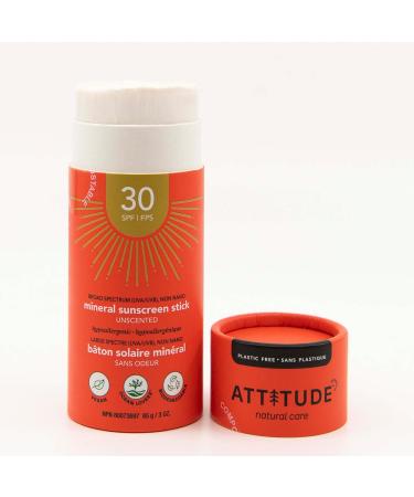 ATTITUDE Sunscreen Stick SPF 30 - Vegan Cruelty-Free Broad Spectrum UVA/UVB Protection Plant-Based Ingredients - Unscented Sun Care 3 oz - Buy Online on GoSupps.com