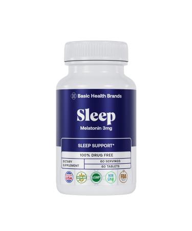 Basic Brands Sleep Melatonin 3 mg Drug-Free Sleep Support for Adults Non-Habit Forming, Non-GMO, Vegan 60 Tablets 60 Count (Pack of 1)
