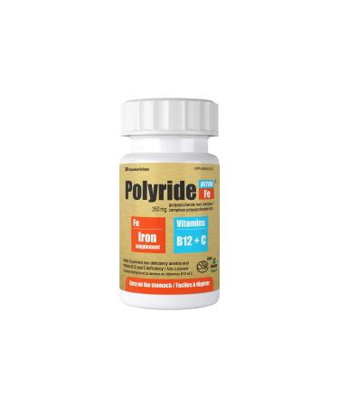 Polyride Fe Ultra Polysaccharide Iron Supplement Complex 350 Mg - Energy Support with Iron - treat iron deficiency anemia - 125 mg vitamin C and 1000 mcg Vitamin B12 - 30 Capsules