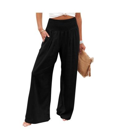 longantii High Waisted Pants for Women Trousers Casual Loose High Waist Cotton Linen Wide Leg Long Pants with Pocket Black 3X-Large