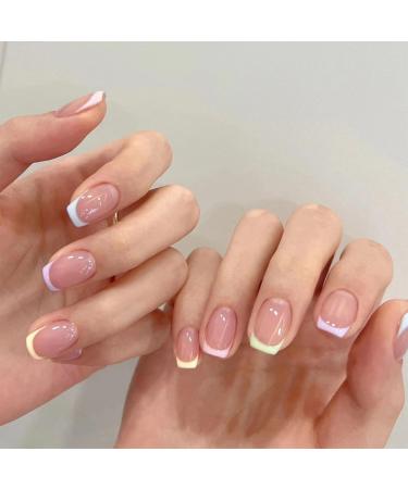 24Pcs Press On Nails - Square Fake Nails with Glue Full Cover - False Nails Tips Set with Glue & DIY Tools - For Women Girls Removable False Nails Art (French with Rainbow Color Design)