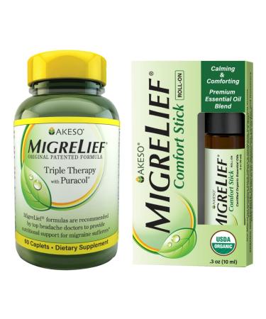MigreLief Nutritional Support & Comfort Kit for Migraine Sufferers - MigreLief Original Formula - Daily Triple Therapy + The MigreLief Migraine Stick Essential Oils Roll-On  1 Month Supply 2 Piece Set