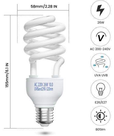 Doright 10.0 26W UVA UVB Reptile Lamp - E27 Fluorescent Light for Lizard Chameleon Gecko & Turtle Tank | AC 220-240V - Buy Online on GoSupps.com